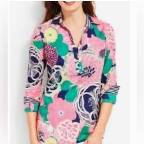 Talbots Petites Floral Print Collared Blouse Swing Top 1/4 Button Front PXL - Picture 3 of 12